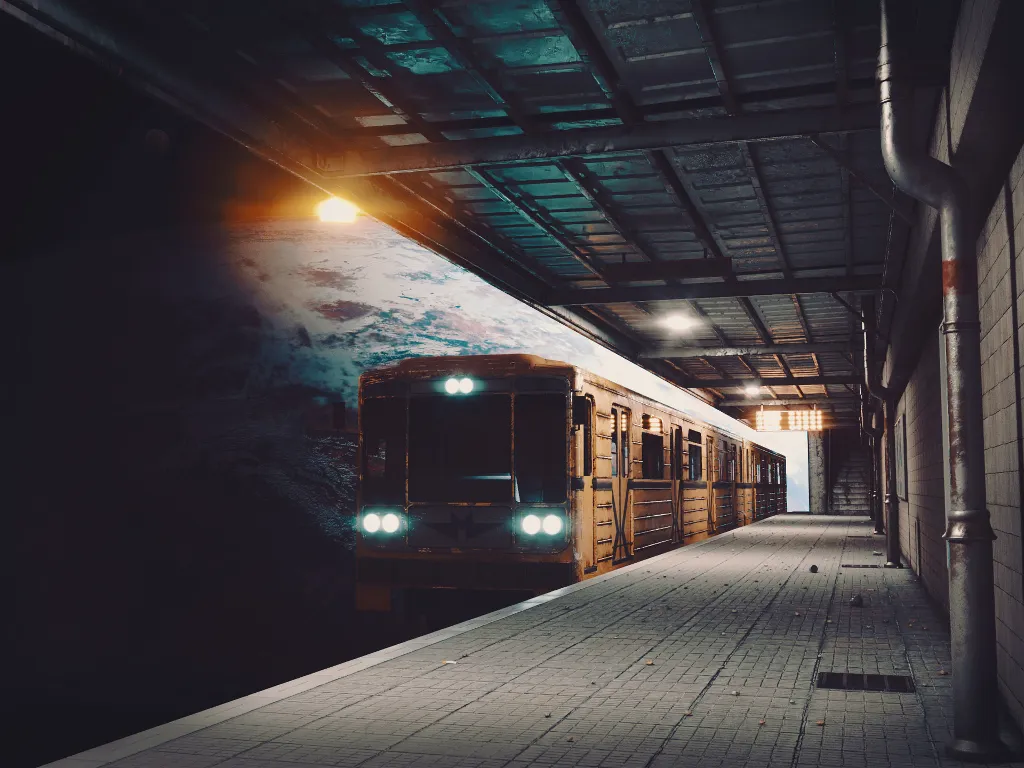 a train slowly pulling into the train station at night