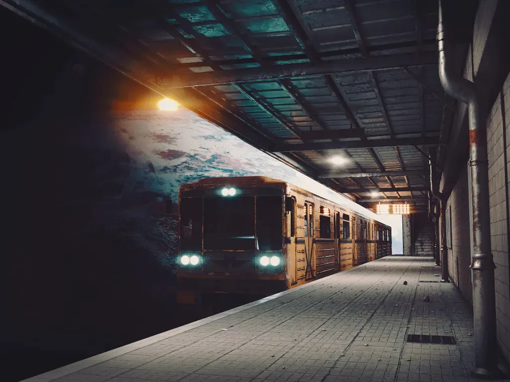 a futuristic train arriving into a train station at night, cyberpunk, neon, city scape, neo tokyo, cinematic, vibrant, outer space : 3 blurry, distorted : -1