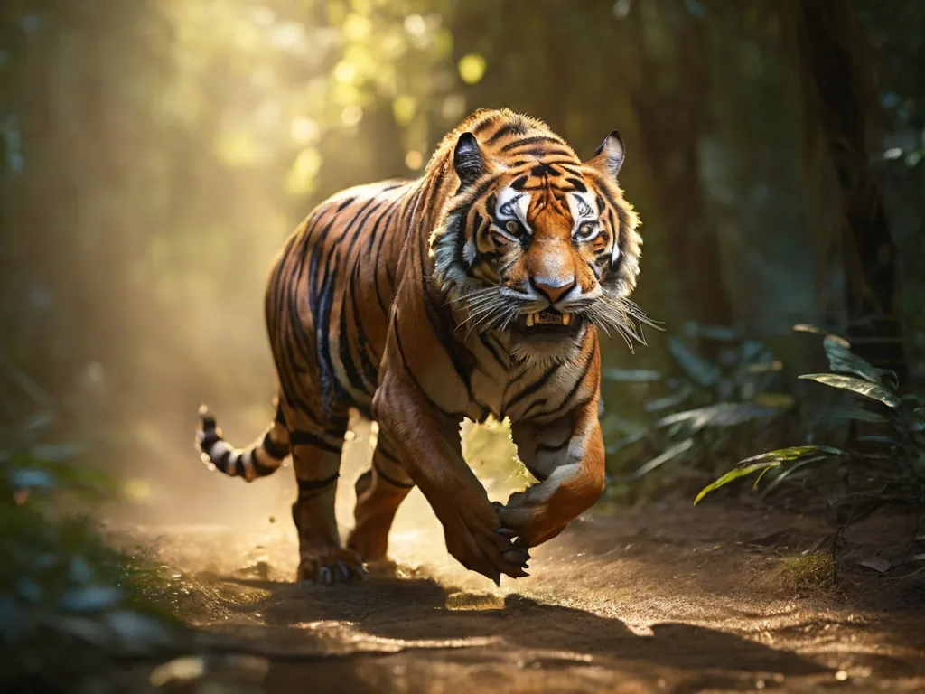 a tiger running across a dirt road in the jungle