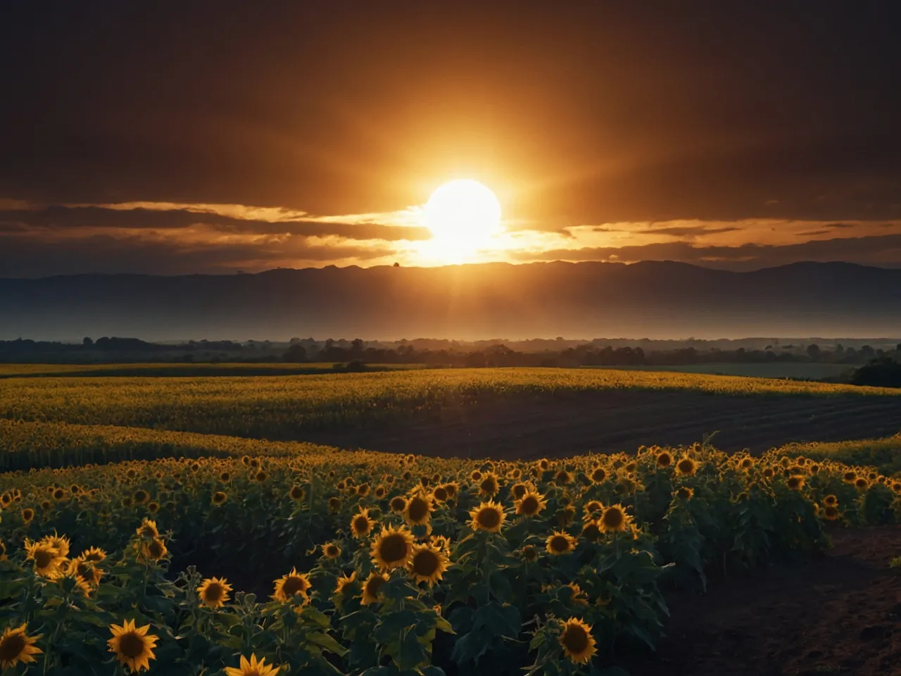 a field of sunflowers under a cloudy sky