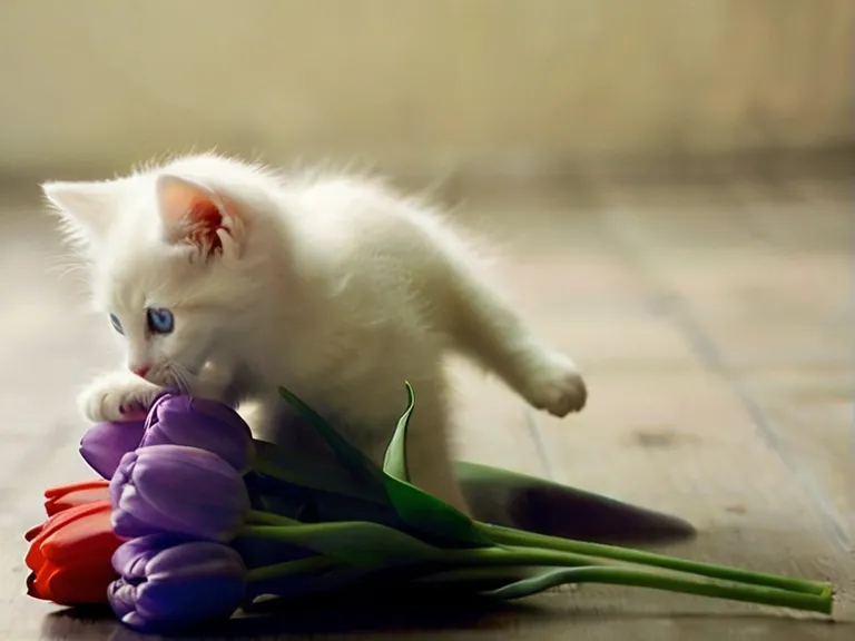 a white kitten playing with a bunch of tulips