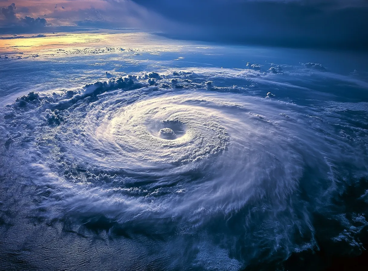 a twisted storm hurricane clouds is seen in the sky over the ocean