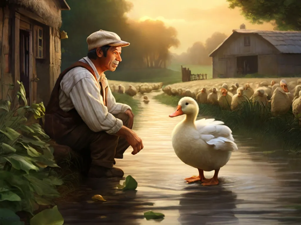 a man kneeling down next to a duck