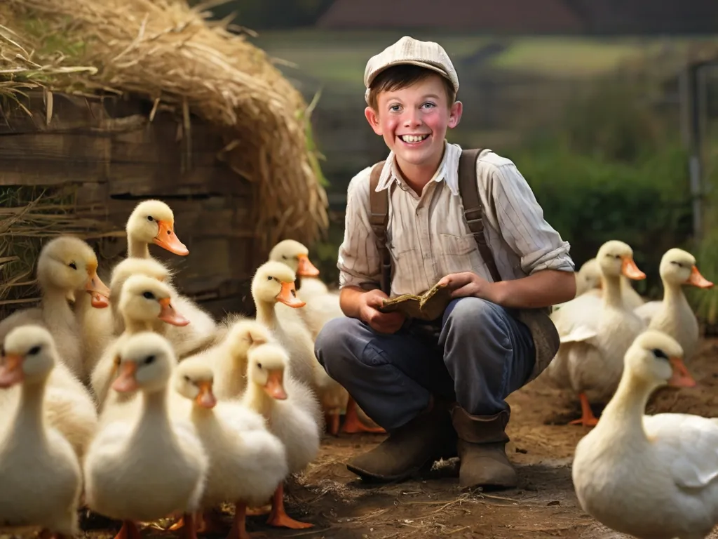 a young boy kneeling down next to a bunch of ducks