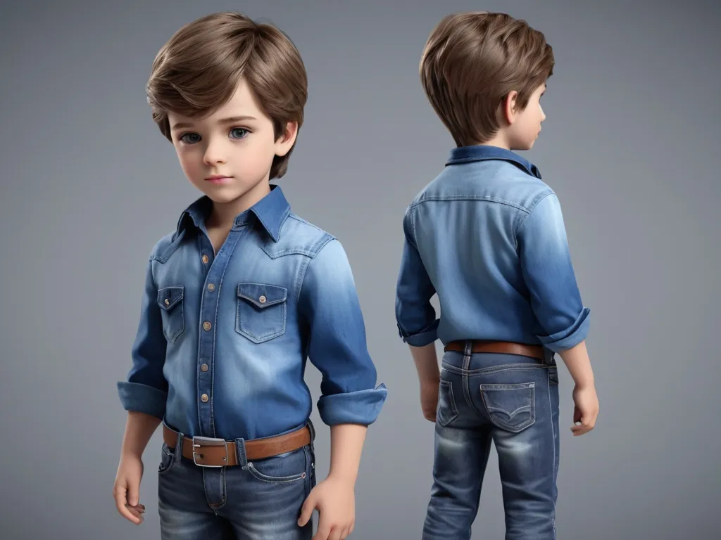 a little boy in a blue shirt and jeans