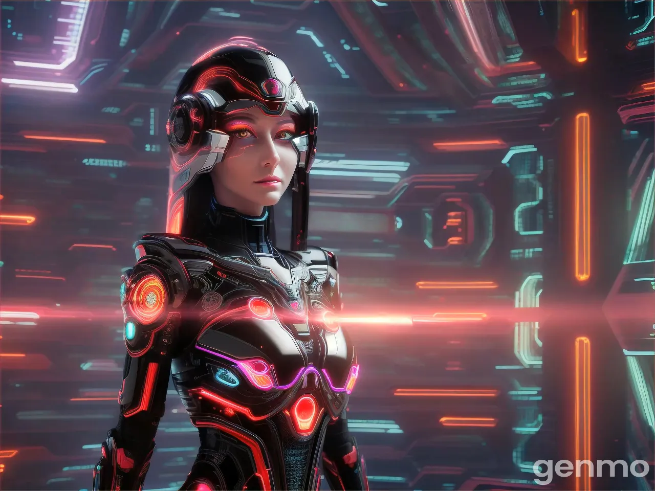 a woman in a futuristic suit standing in front of neon lights