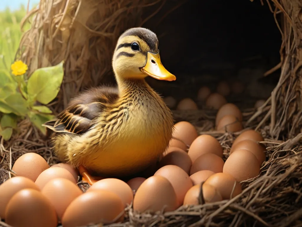 a duckling sitting in a nest with eggs