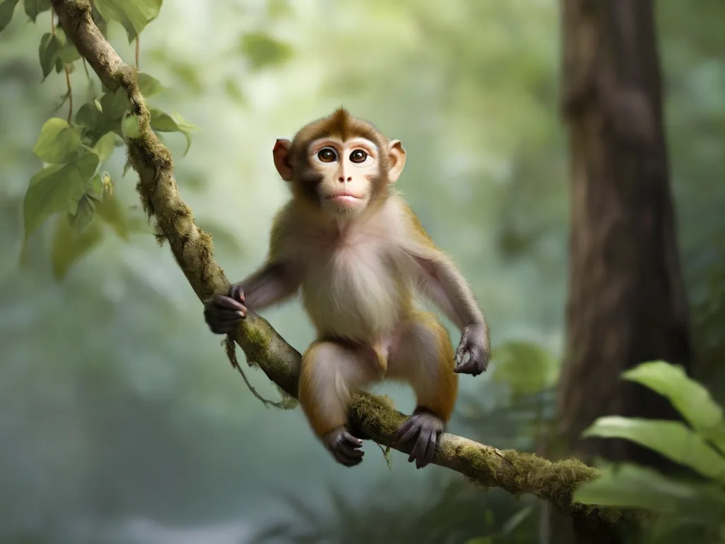 a monkey sitting on a tree branch in a forest