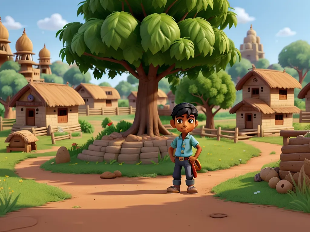 a young boy standing in front of a village