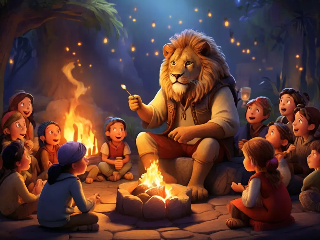 a group of children sitting around a fire with a lion, fire was flaming 