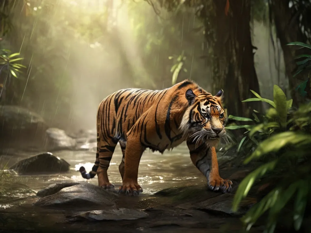 a tiger walking across a river in a jungle