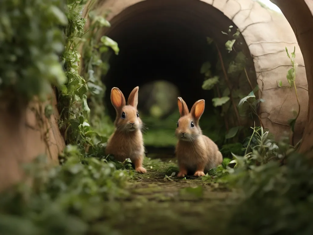 two rabbits are sitting in a tunnel