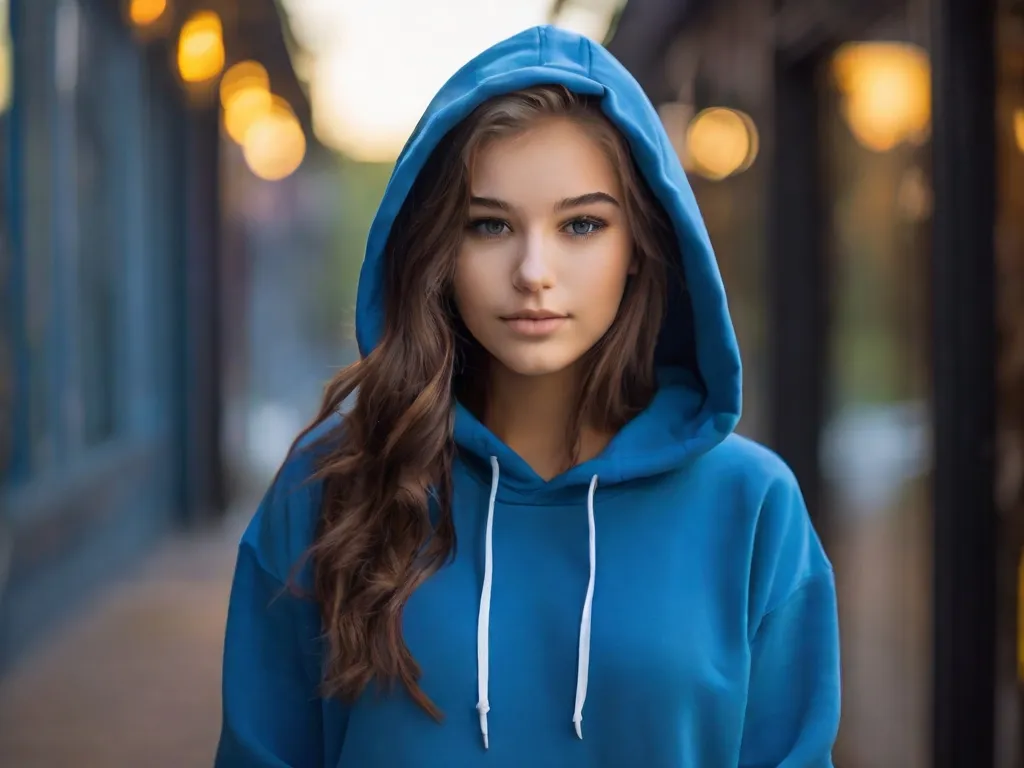 a woman in a blue hoodie is posing for a picture