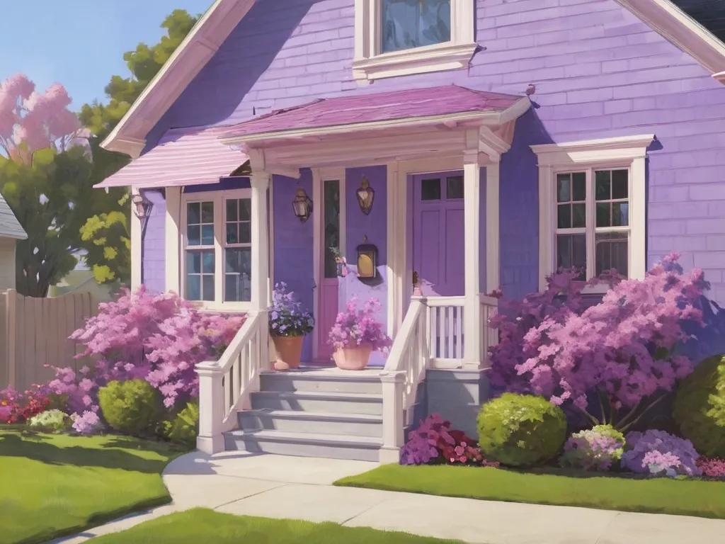 a painting of a purple house with pink flowers