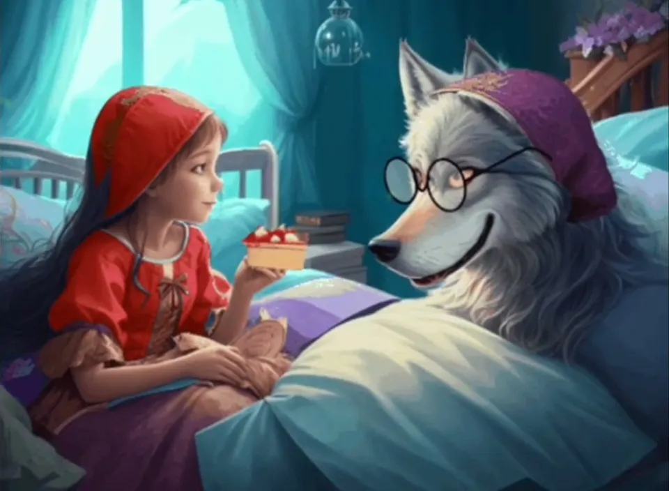 a little girl sitting in bed next to a wolf