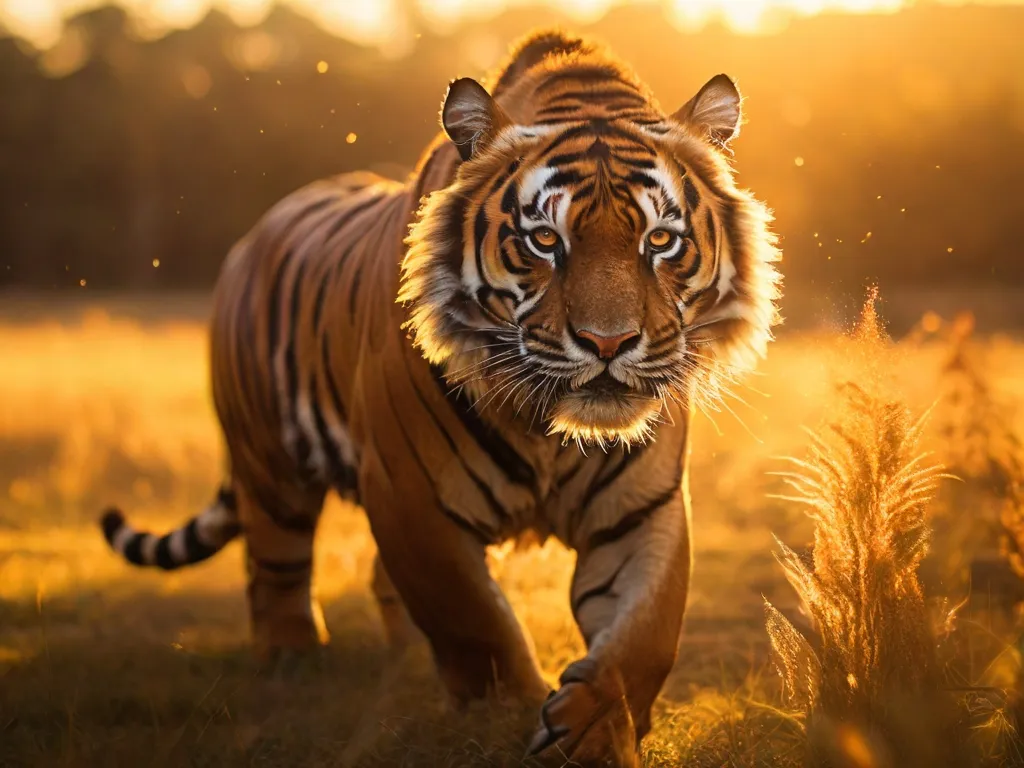 a large tiger walking across a grass covered field