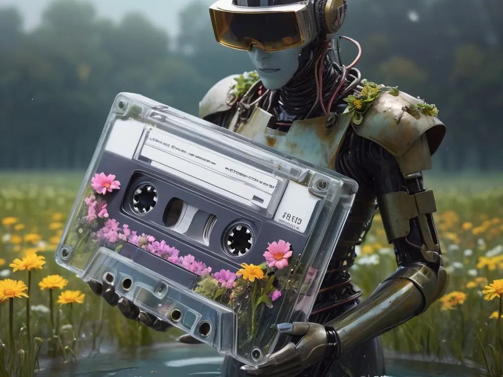 A robot wandering lonely through a field of flowers holding a cassette