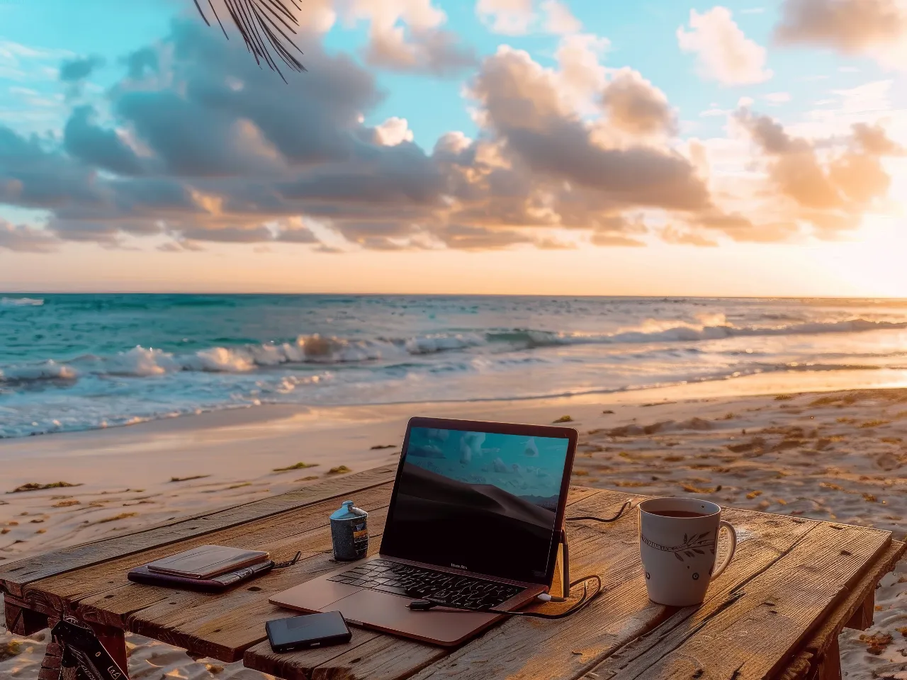 a laptop computer sitting on top of a wooden table