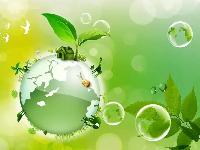 a picture of a green earth with leaves and bubbles