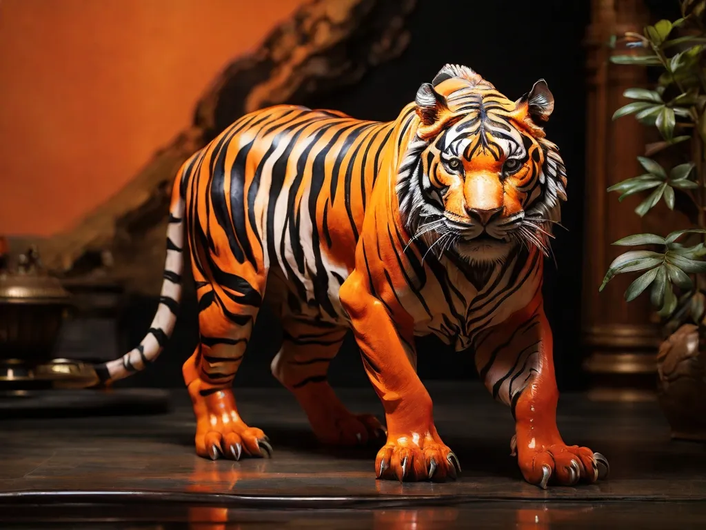 a plastic tiger standing on a black surface It moves slowly forward to pounce on its prey 