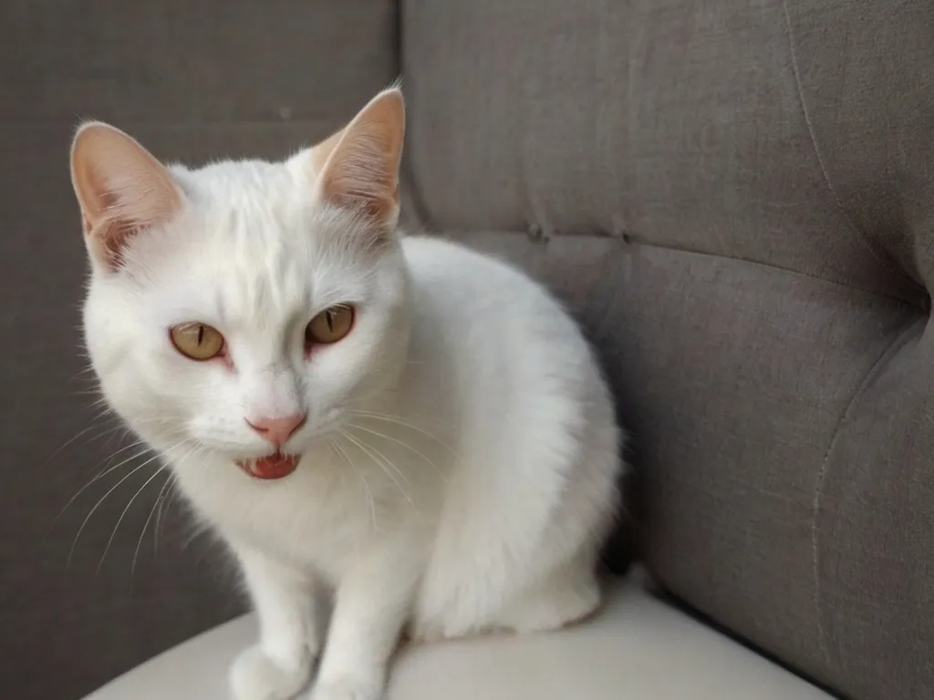 a white cat sitting on top of a white chair