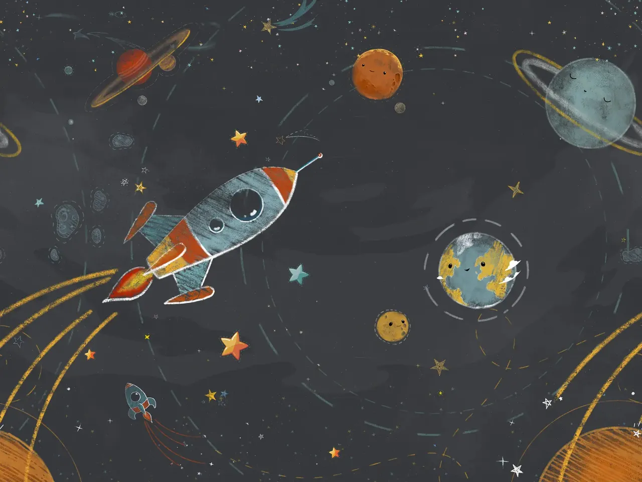 a space scene with a rocket and planets