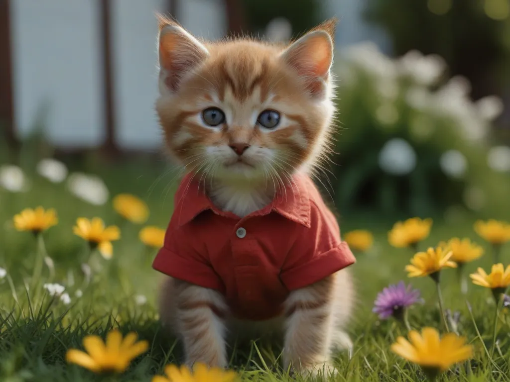 A charming kitten in a bright T-shirt and shorts on the lawn explores flowers the background is motionless, the movement of the kitten towards the flower