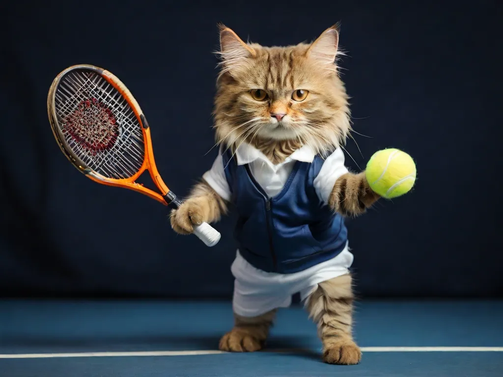 a cat is holding a tennis racket and ball