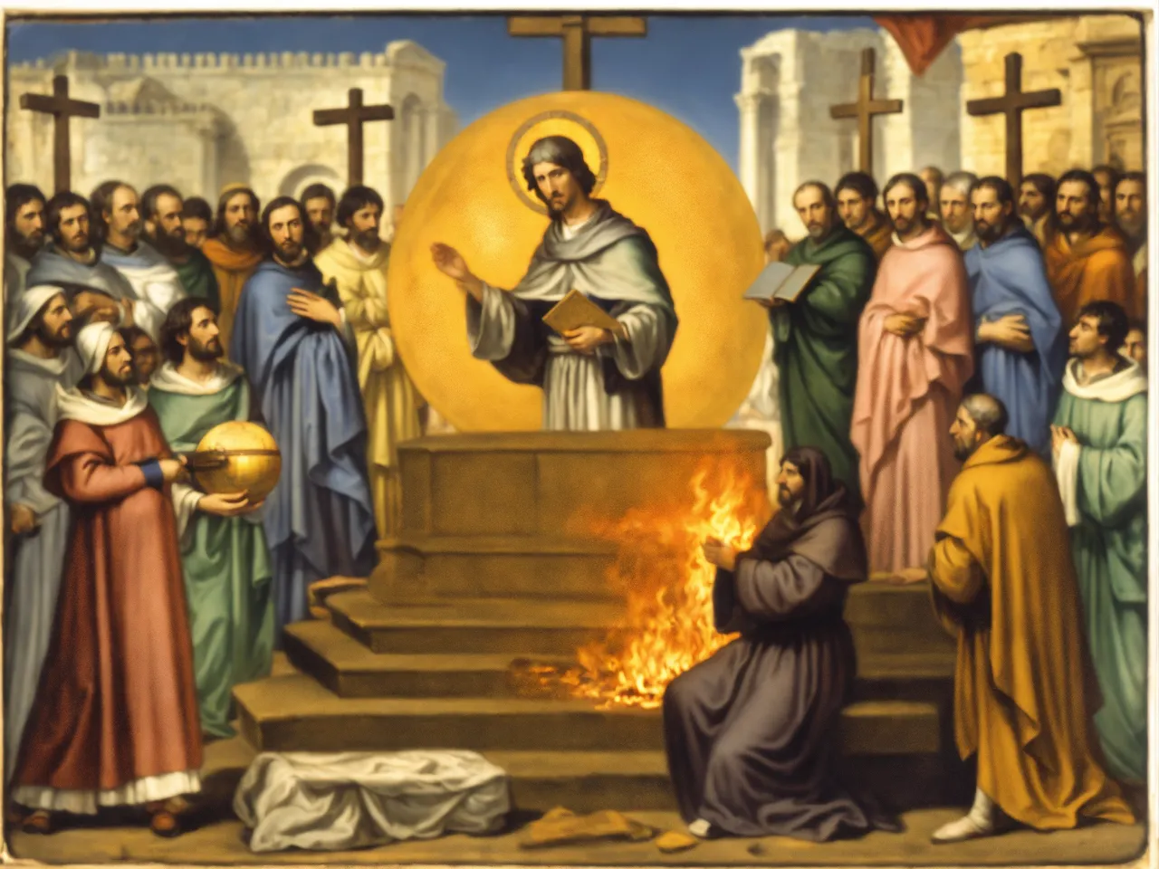 a painting of jesus standing in front of a group of people