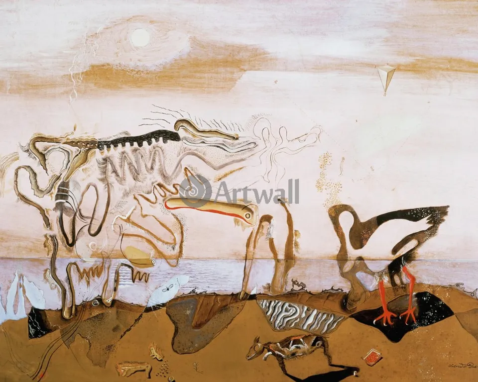 a painting of animals and birds on a beach