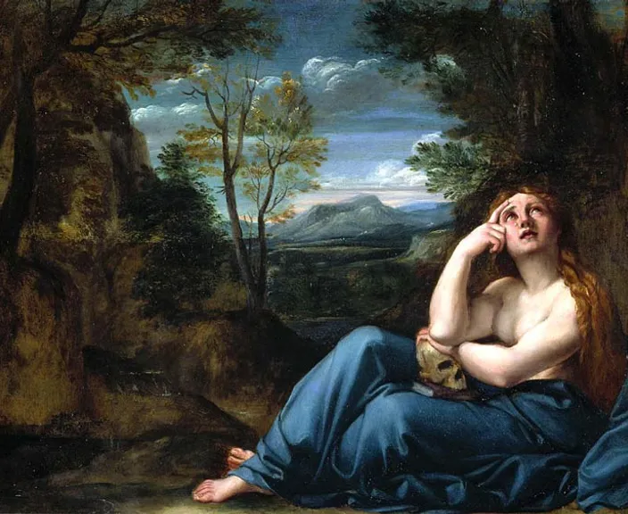 a painting of a woman sitting in a wooded area