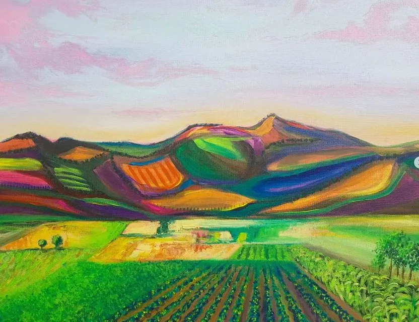 a painting of a field with mountains in the background