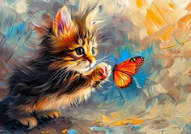 a painting of a kitten playing with a butterfly