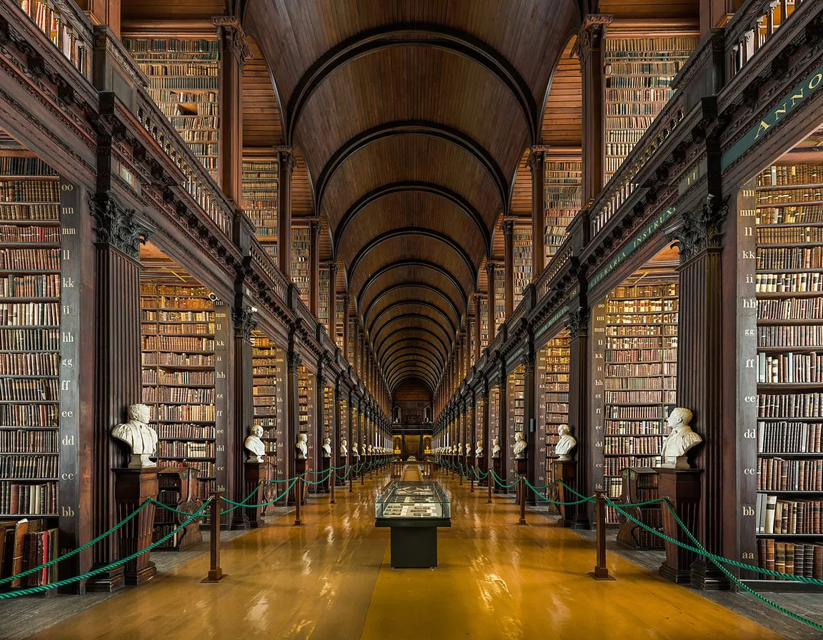 a long library filled with lots of books