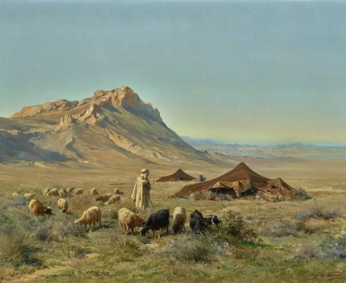 a painting of a man with a herd of sheep