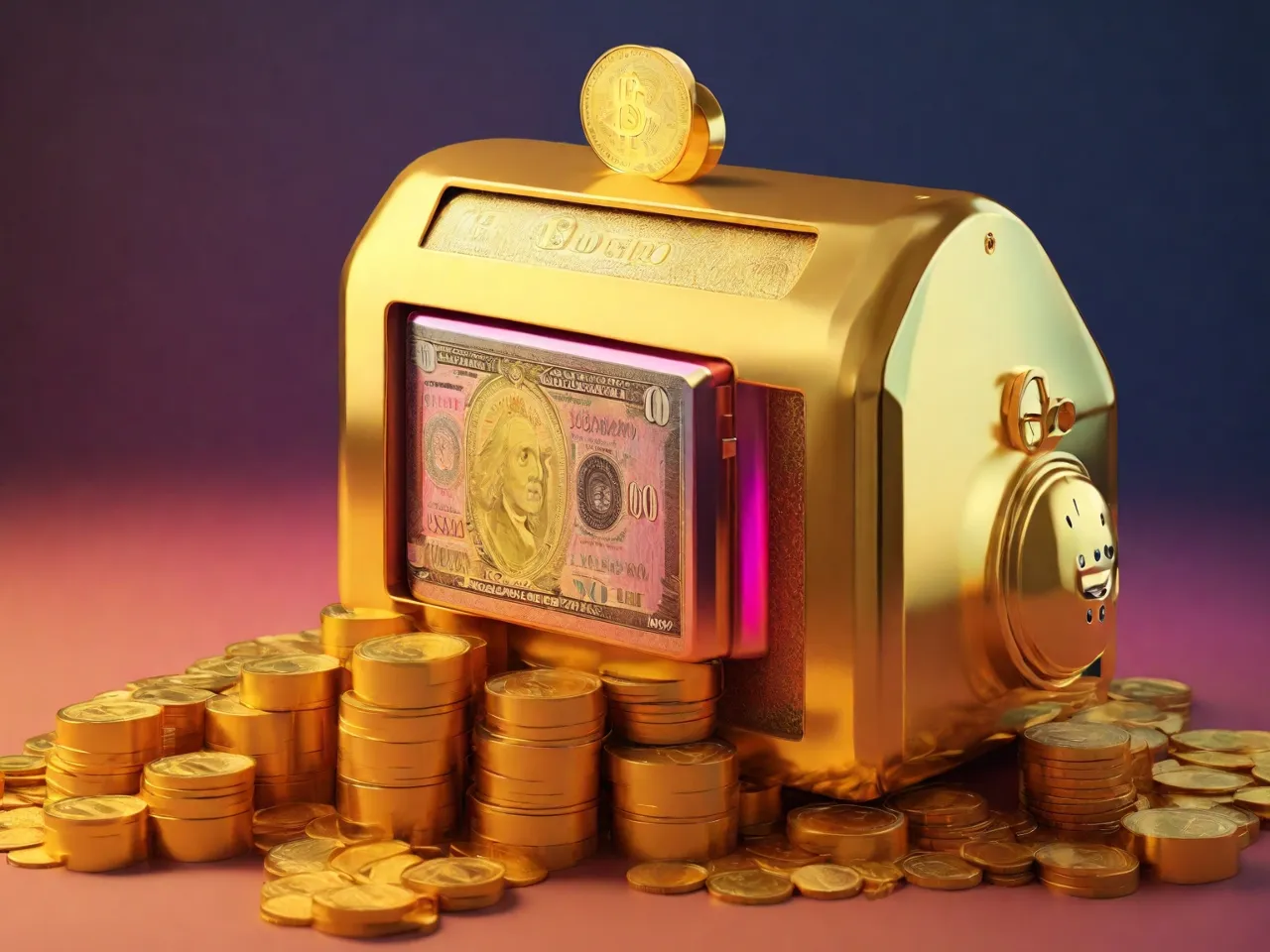 create money bank with falling money with golden background, size of 1920x1080,8k, colorful