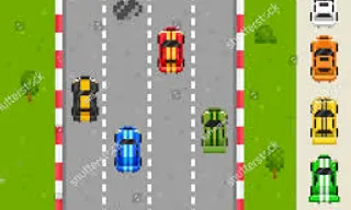 overhead view of Nintendo-style 8-bit pixelated race car driving