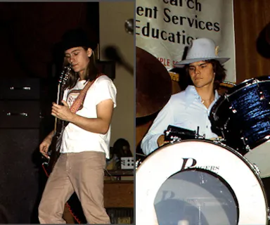 two pictures of a man with a guitar and a woman with a hat