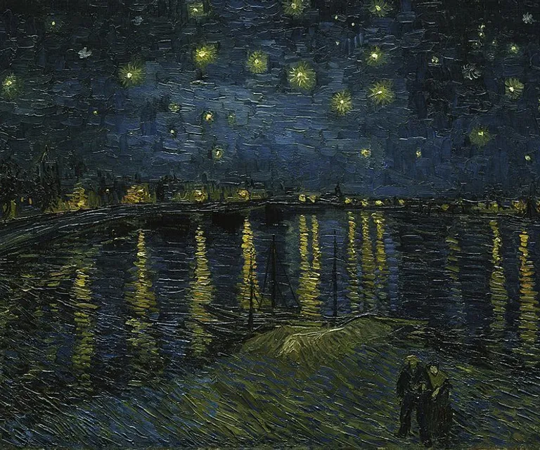 a painting of two people standing on a beach at night