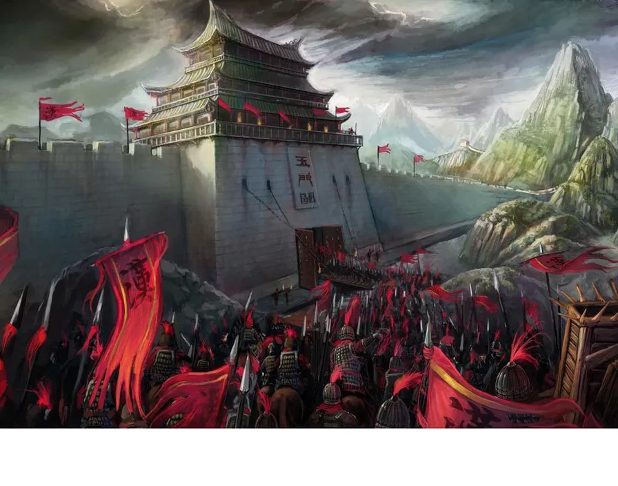 a painting of a castle surrounded by red flags