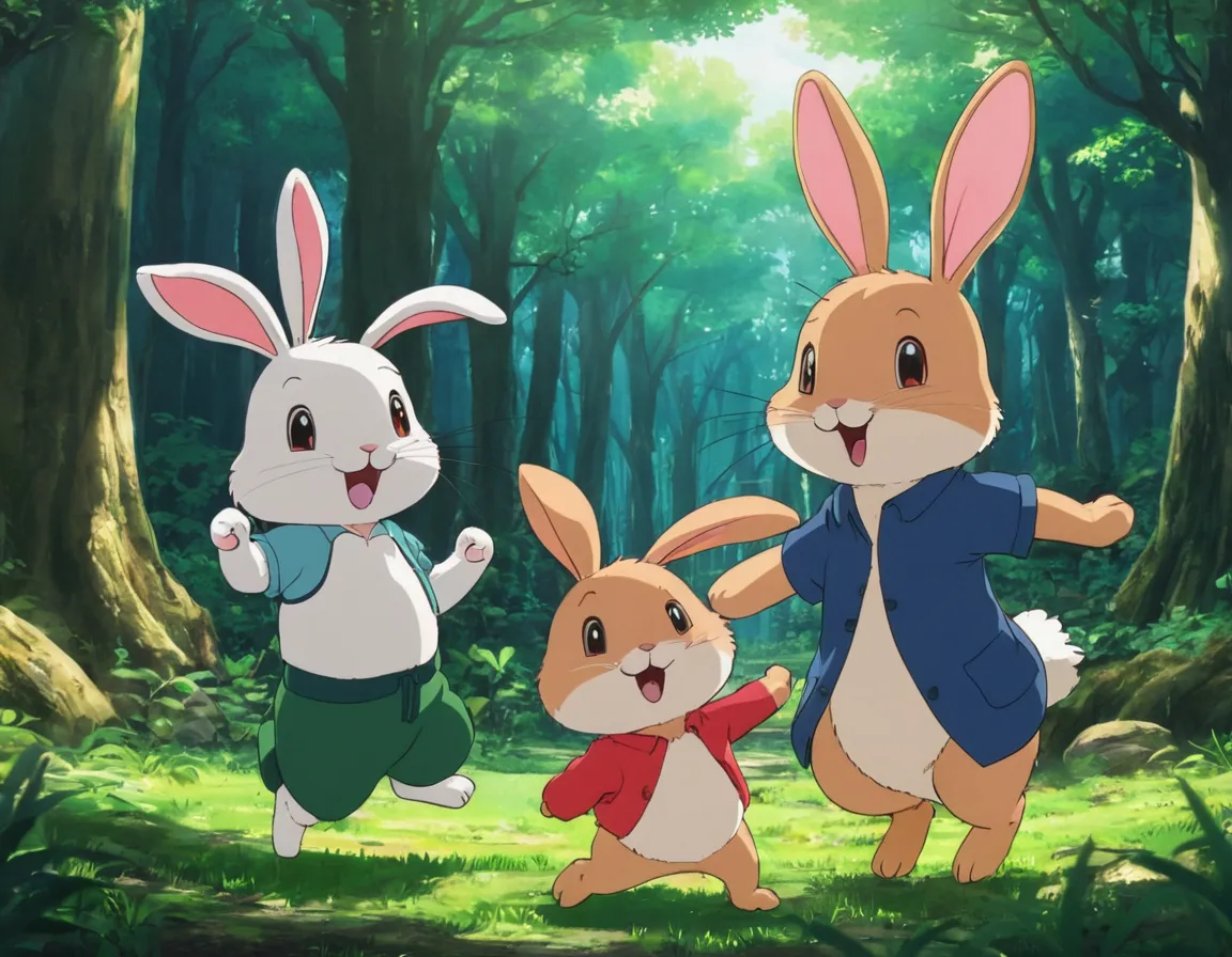 a group of rabbits running through a forest