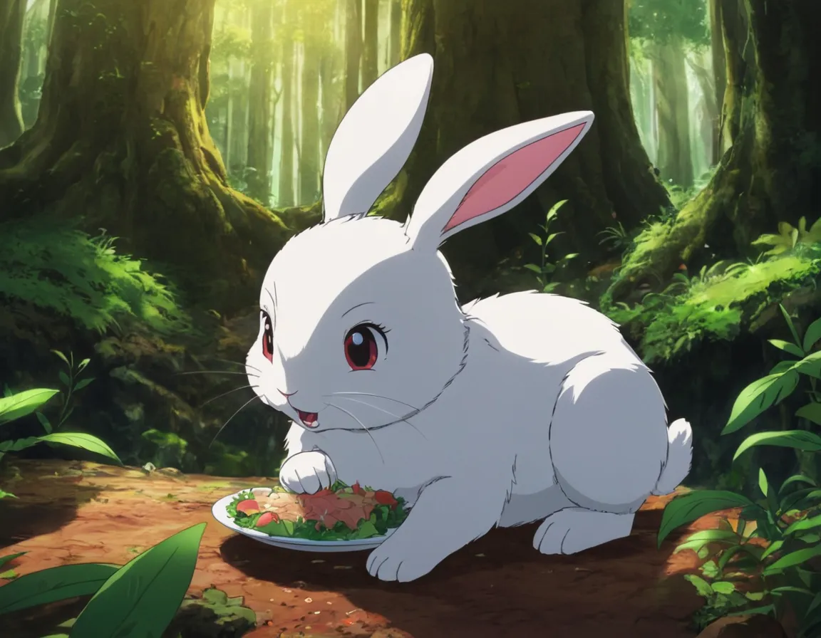 a white rabbit eating food in a forest