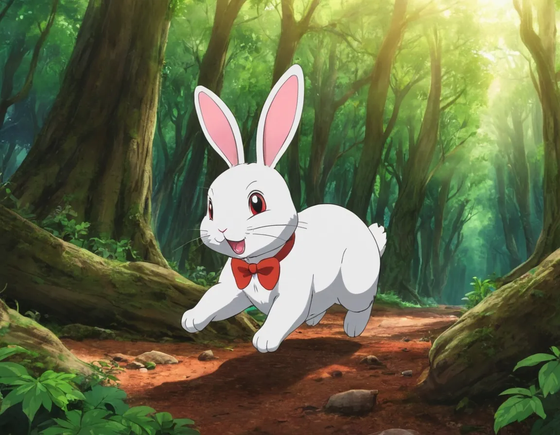 a white rabbit with a red bow tie running front  through a forest