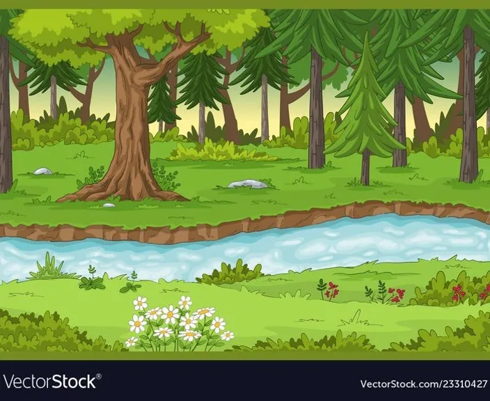 a forest with a river and trees. And river moving 