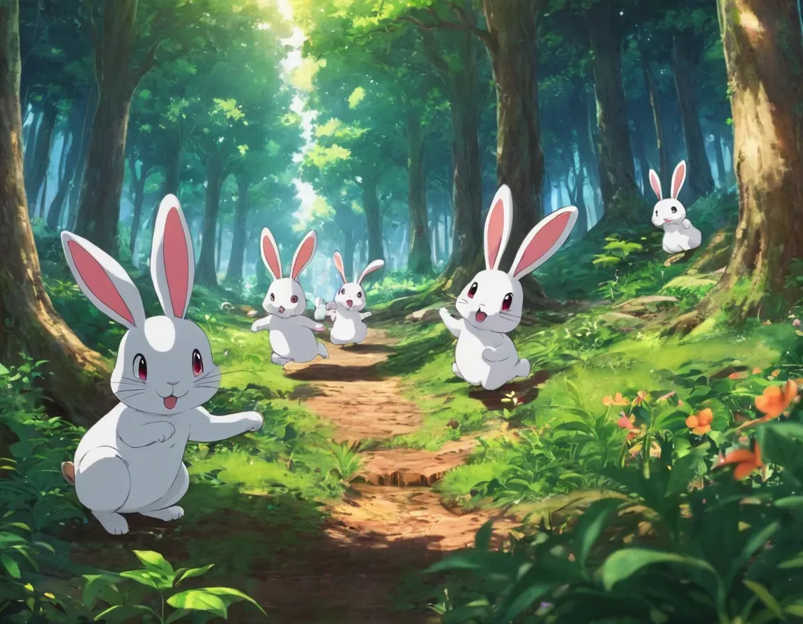 a group of rabbits running through a forest