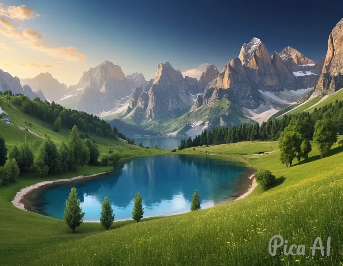 a painting of a mountain range with a lake in the foreground