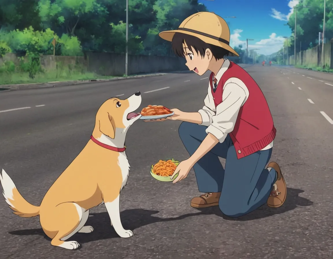 a man kneeling down next to a dog on a road