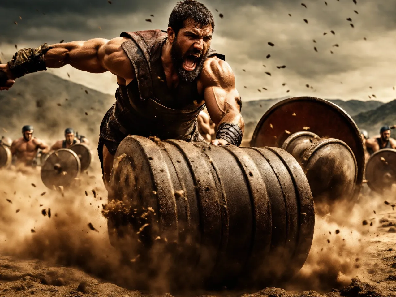 a man is holding a large wooden barrel