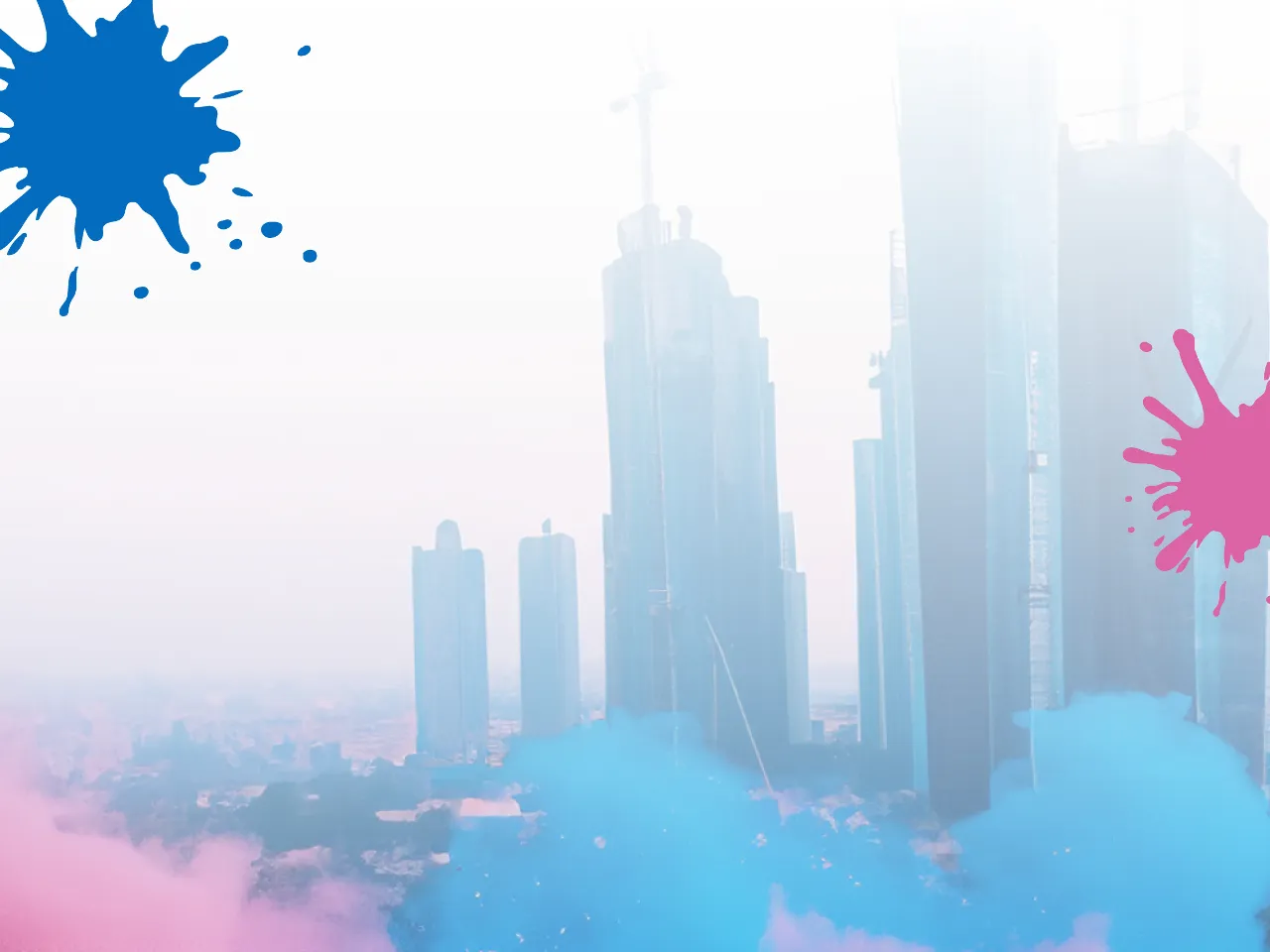 a pink and blue holi colors splash over a city