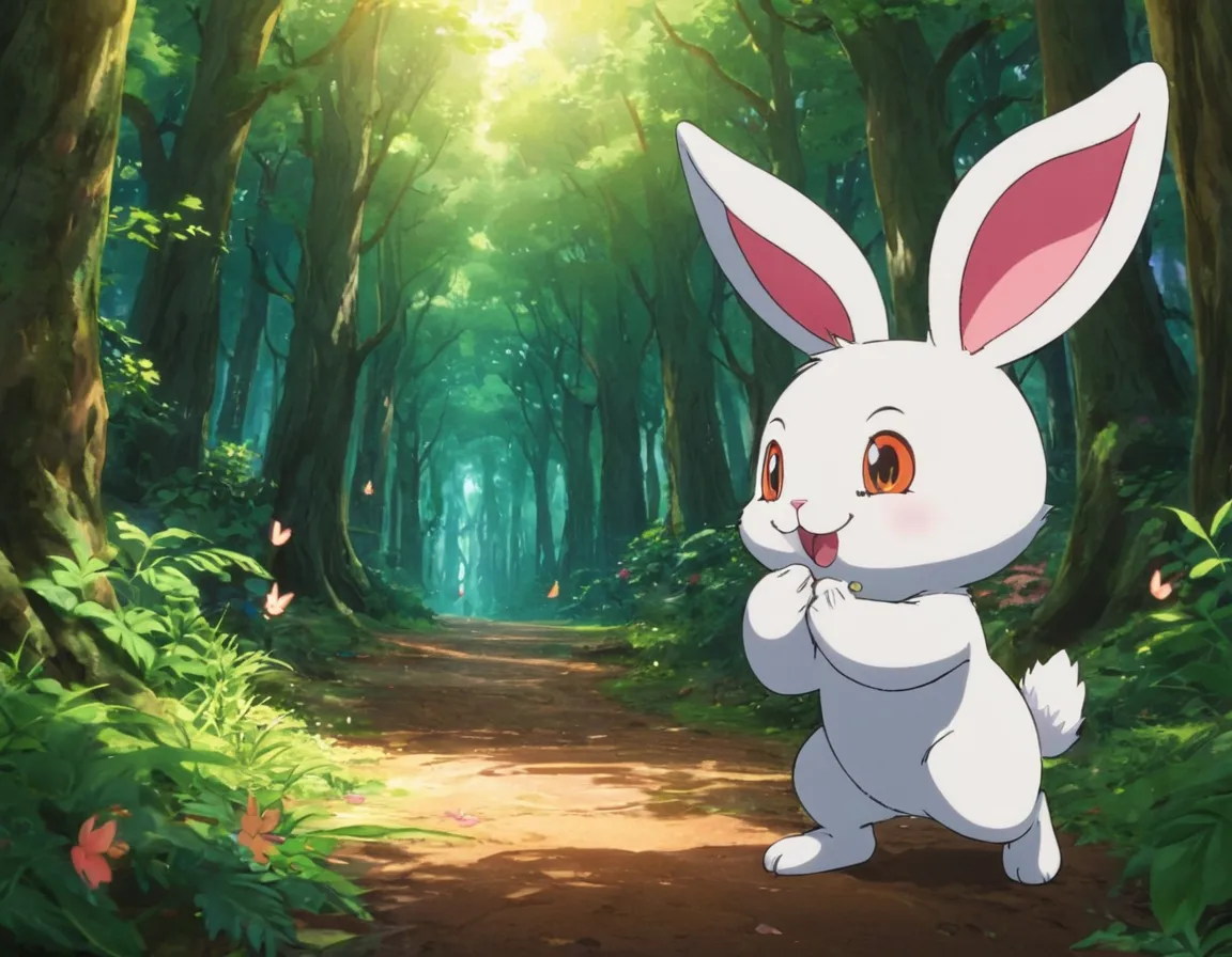 a white rabbit standing in the middle of a forest